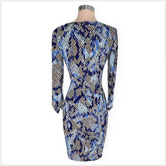 Cache Blue Animal Snake Print Wrap Style Stretch Jersey Gold Buckle Dress S - Picture 3 of 4